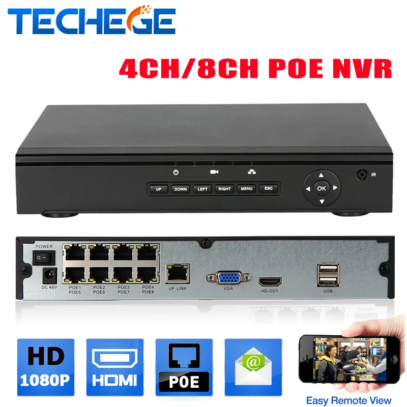 Techege Genuine FULL HD 1080P 4CH/8CH CCTV 48V POE NVR H.264 P2P ONVIF real time Recorder For Security IP Camera System XMEYE