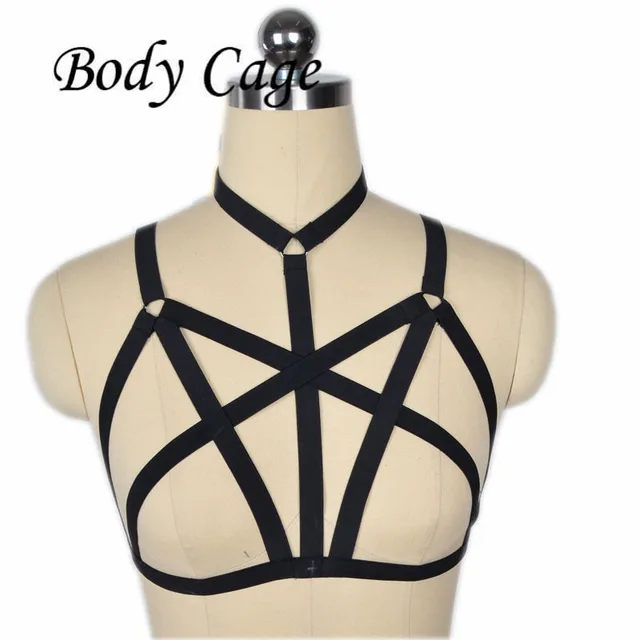 rave wear fetish strappy body harness pentagram cage bra top bondage garter suspenders belt harness cage bra rave bra goth belt in garters from