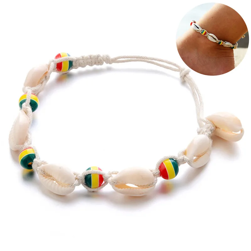 Vintage DIY Handmade Rope Wood Bead Ankle Bracelet Natural Shell