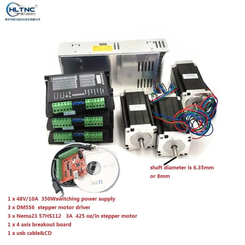 

3 Axis 112mm Stepper Motor Nema23 425oz-in+3pc DM556 Driver board+1pc Mach3 4 axis breakout board+switching power supply CNC Kit