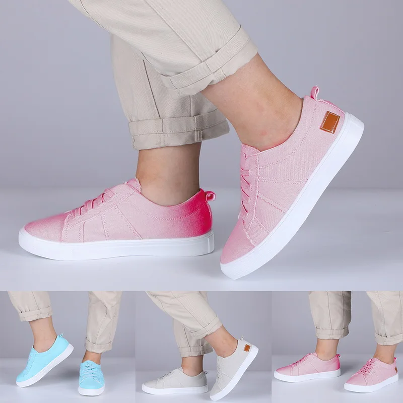 

35-43 Large Size Women Walking Shoes Canvas Flat Shoes Fashion Outdoor Shoes Comfortable Elastic Sport Lace-up Footwear 2019 New