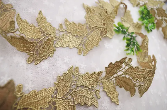 Металлическое Золотое кружево вязаное с листьями|metallic gold lace trim|lace trimgold trim |