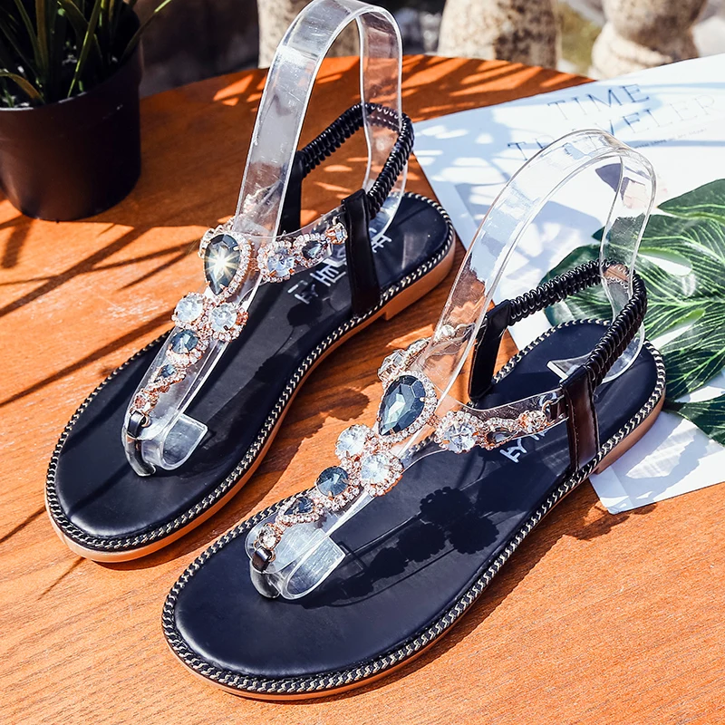 Women summer Shoes Woman Sandals Rhinestones Thong bead Gladiator Flat Sandals Crystal Chaussure slides female beach shoes Women's Shoes