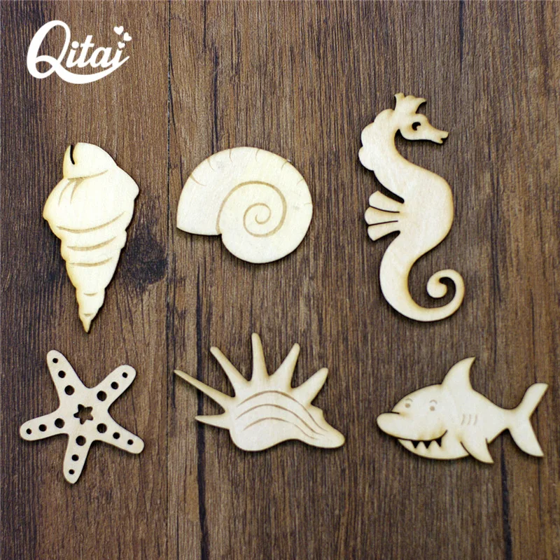 

QITAI 30 Pieces/set Scrapbooking craft Wooden ice cream/conch/seahorse/Starfish/shark Home Decoration WF286
