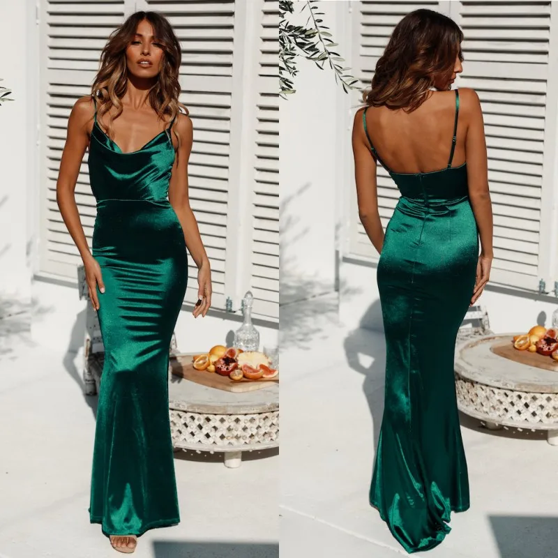 

Long Prom Dresses Deep Green Mermaid 2019 V Neck Sleeveless Prom Gown vestidos de gala