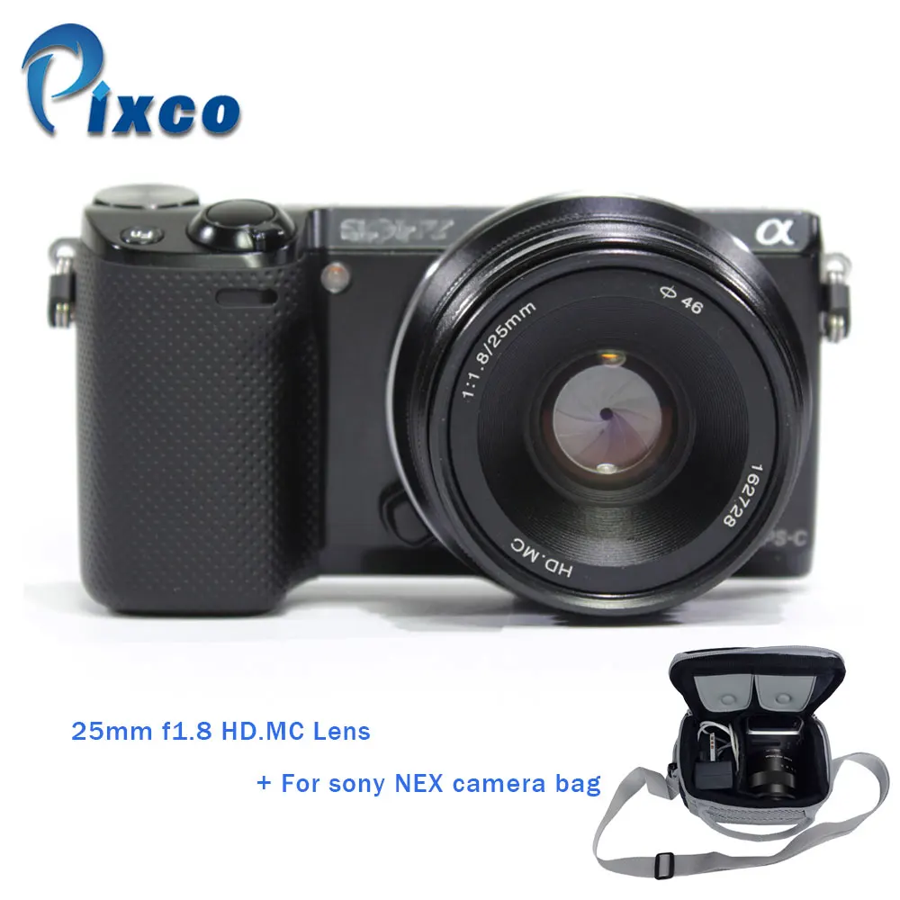 Pixco For Sony NEX camera Black 25mm f1.8 HD.MC Lens for Sony Nex Camera with LCS-BBF 3th Usual Waterproof Camera Protective Bag