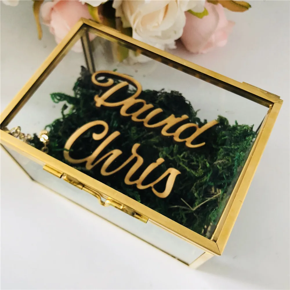 

Personalized Wedding Glass Box with Wooden Name Tag Geometric Copper Custom Glass Jewelry Box Wedding Ring Holders Supplies