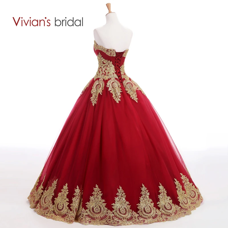 Платье Vivian's Bridal бордовое с сердечком длинное золотое кружевной аппликацией|muslim