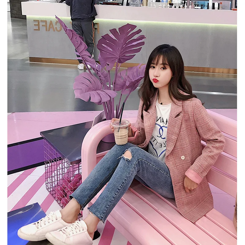 2019 Spring New Korean Pink Suit Top Fashion Long Korean Version Loose Plaid Suit Jacket Button Notched Double Breasted Plaid