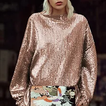 Высокое качество тяжелая работа блестки Яркий шелковый пуловер Футболка свободная ленивая Мода Женская подиумная Ранняя весна новая рубашка