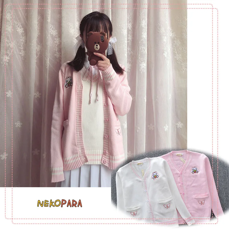 

Sweet Japanese Student Uniform Style JK Sweater Long Sleeve Deep V-neck Cardigan Cute Rabbit Embroidery White Pink