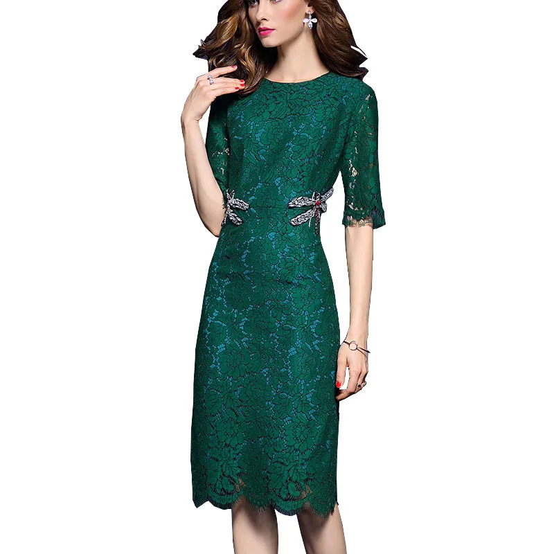 

Spring Autumn Women lace Party Dress Half Sleeve Bodycon beautiful dress With Rhinestone Elegant Green Black Vintage Dress