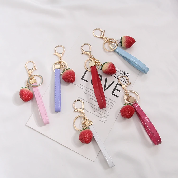 

Cute Sweet Stawberry Pompoms Cartoon Keychain For Women Trinket Waistband Key Chains Ring Car Bag Pendent Charm Child Toys D295