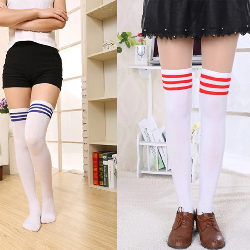 Summer Autumn Casual Over Knee Black Noir Socks Hot Thigh High Sexy Cotton Socks Women's Striped Over Knee Girl Lady Sock