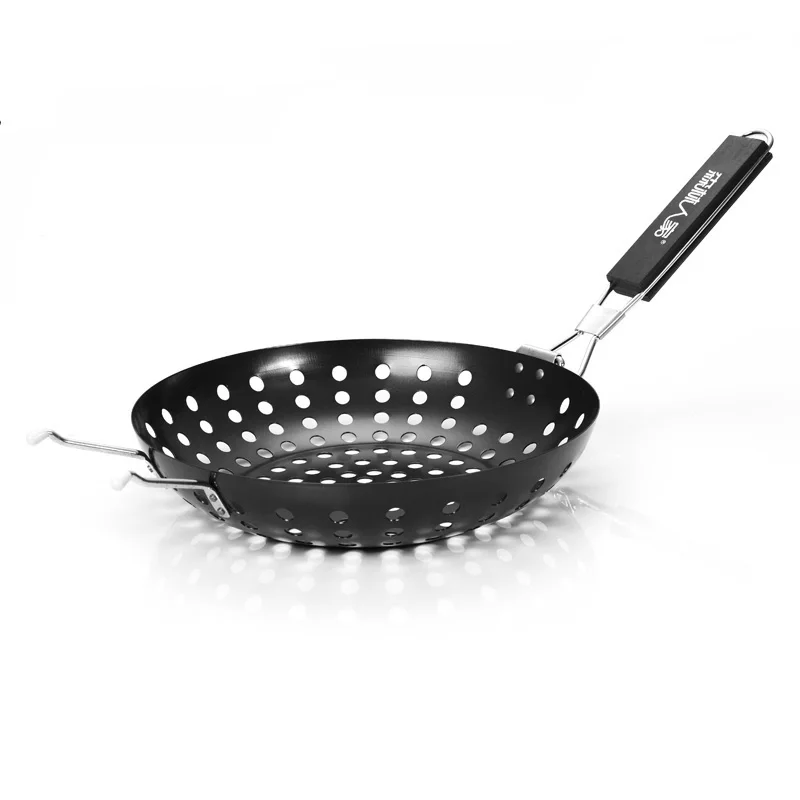 Non Stick BBQ Grilling Skillet with Folding Handle Round Pizza Grill