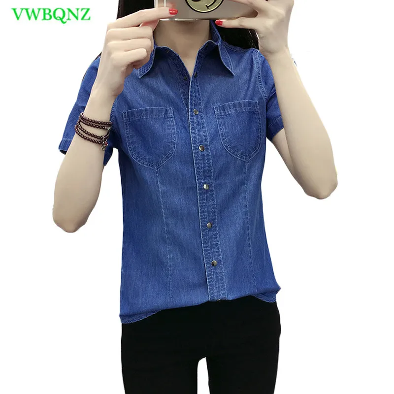 

Short sleeve Plus size Denim Shirt Women Korean Slim Wild Tops Women's Temperament Single-breasted Navy blue Denim Jacket A276