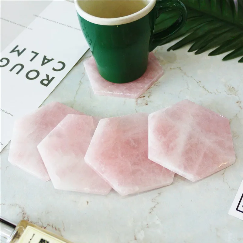 

Natural Rose quartz crystal adiabatic Cup Mat Crystal Plate Hexagon Coaster Mineral Specimen Wedding Decoration Gift