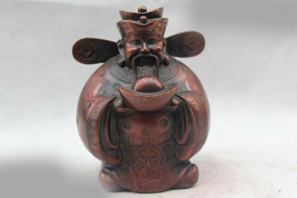 

7"China Chinese Fengshui Bronze Money Mammon Wealth Rich God Hold Yuanbao Statue