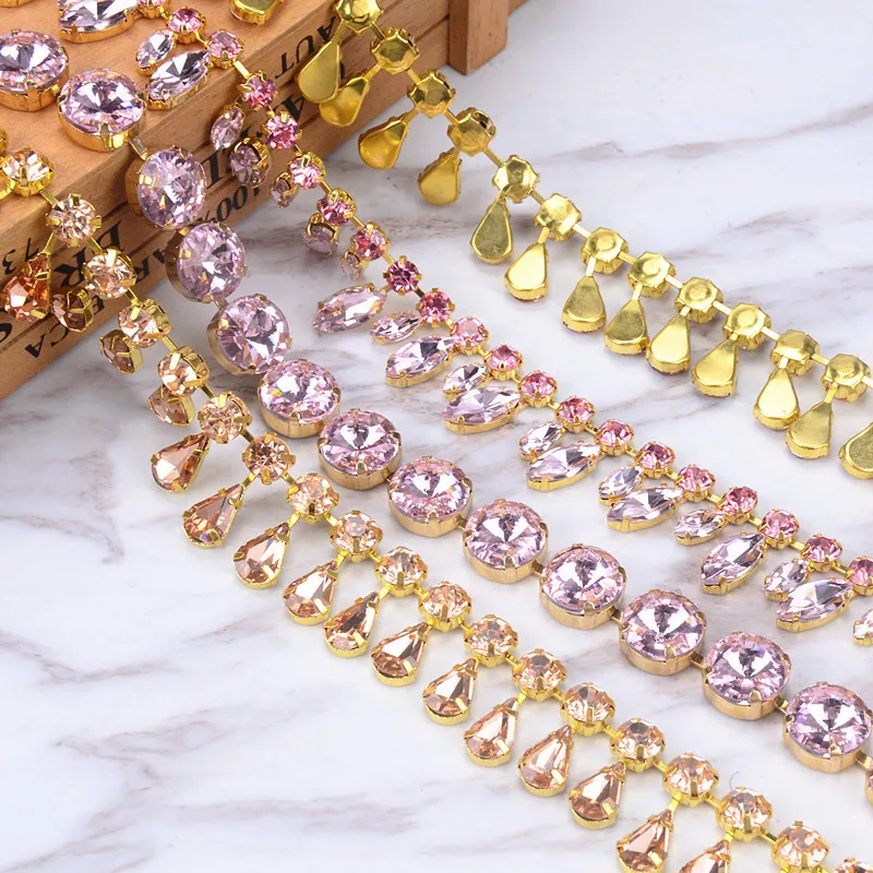 

1yards very luxury pink Crystal Glass Rhinestone tassel trims Sew on Trops chain decoration for Bridal dress Clothing Garment