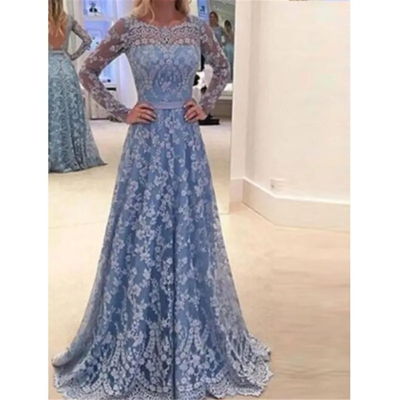 

Women Formal High Waist Sexy Backless Dresses Empire Waist Blue Evening Party Ball Prom Gown Long Maxi Dress Lace Flower Dress