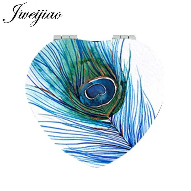 

JWEIJIAO Peacock Feather Heart Leather Pocket Mirror Mini Compact Vanity mirror Folding 1X/2X Magnifying Makeup Mirrors Gifts