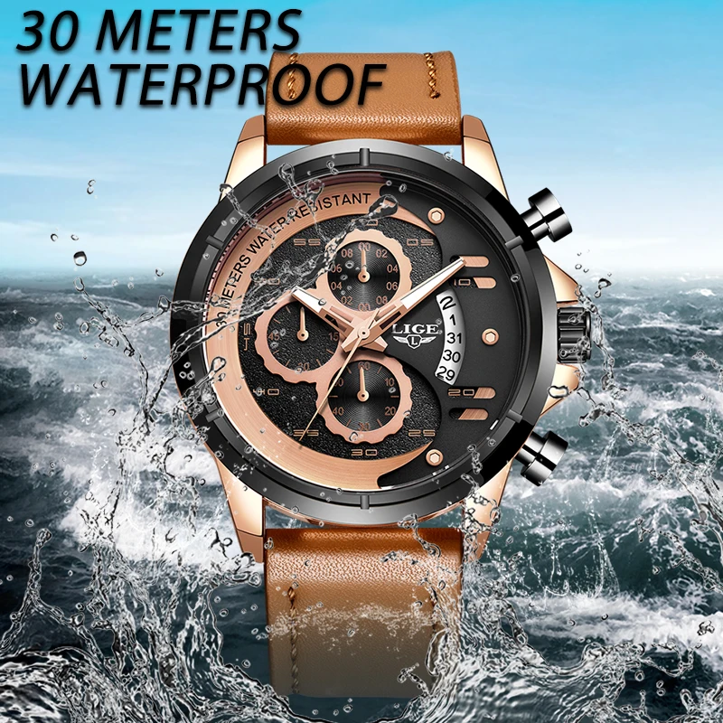 LIGE Mens Watches Top Brand Luxury Quartz Gold Watch Men Casual Leather Military Waterproof Sport W