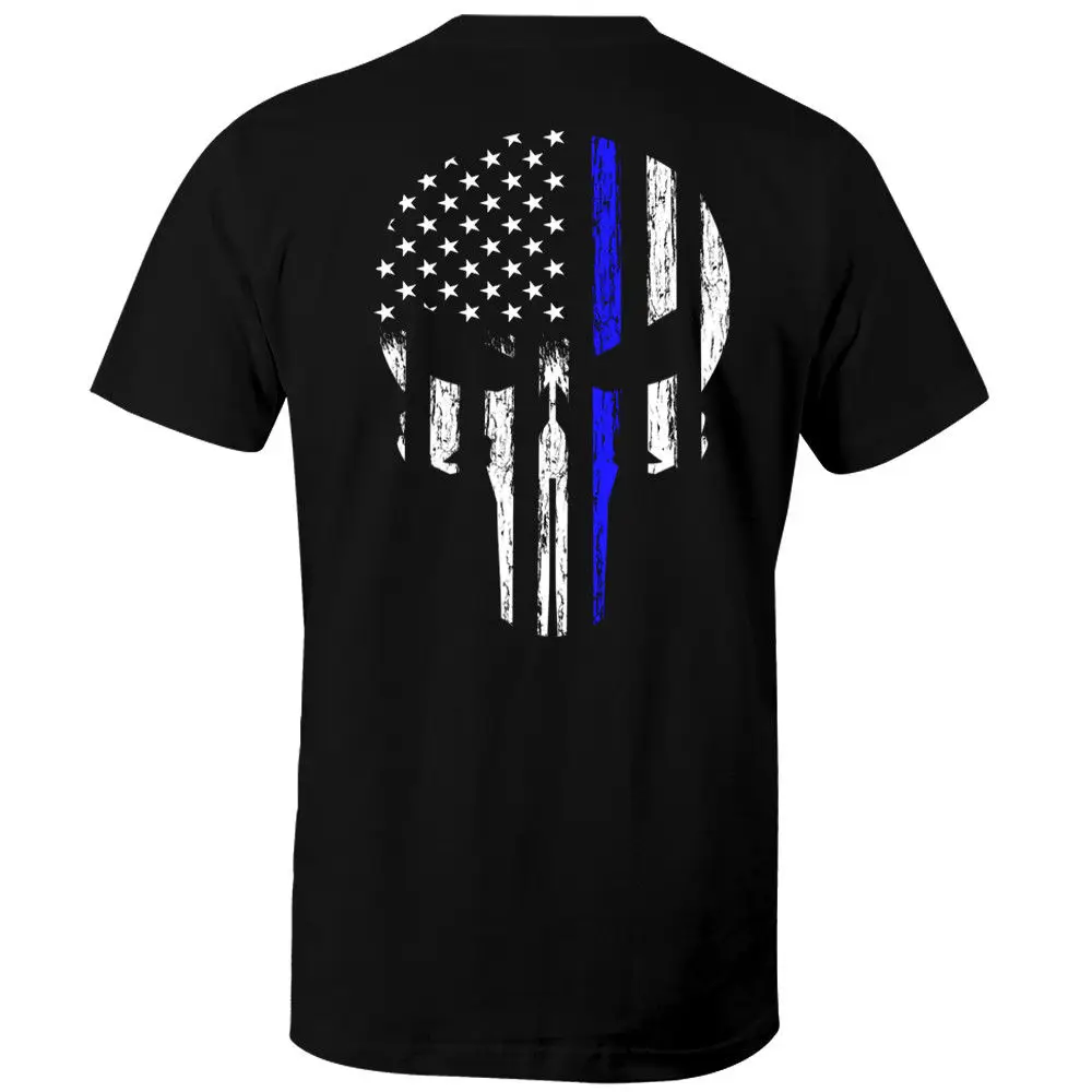 

2019 Funny Thin Blue Line Usa American Skull Flag Patriotic Police T-Shirt Double Side Unisex Tee