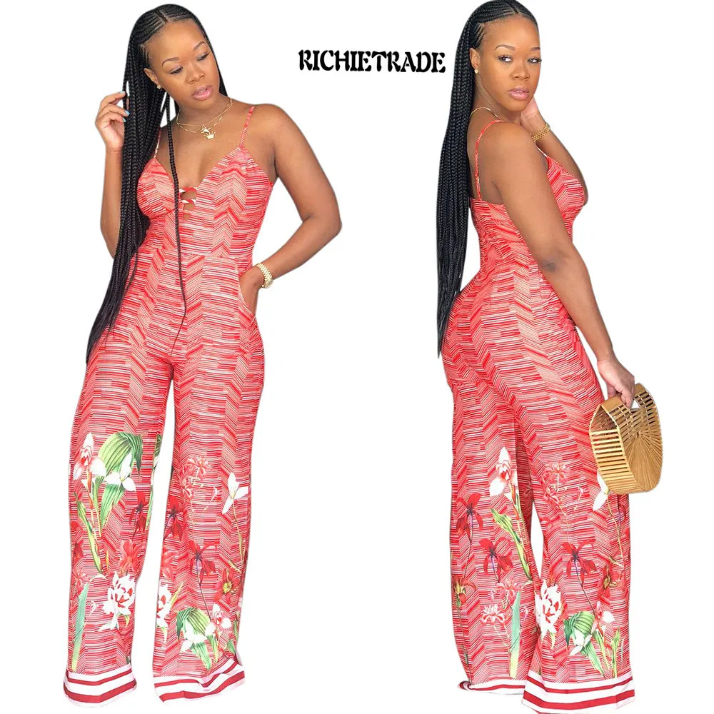 

RICHIETRADE Sexy Woman Jumpsuit Printed Long Pants Spaghetti Strap Hollow Out Pocket