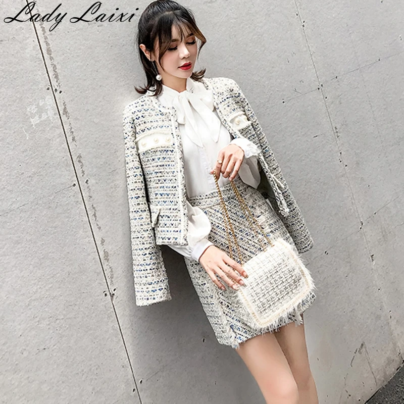2018 Spring Autumn Women's Tweed Wool pearl tassel