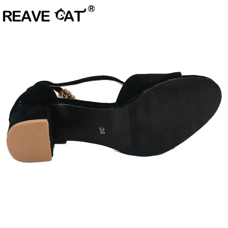 Женские босоножки из флока REAVE CAT летние туфли с пряжкой и бусинами черные красные
