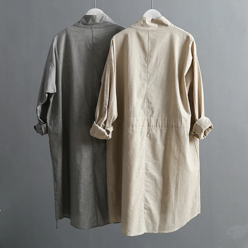 Women Cotton Linen Vintage Zipper Trench Coats Long Sleeve Zipper Turn Down Collar Ladies Coat 2019 Autumn Winter Streetwear Top