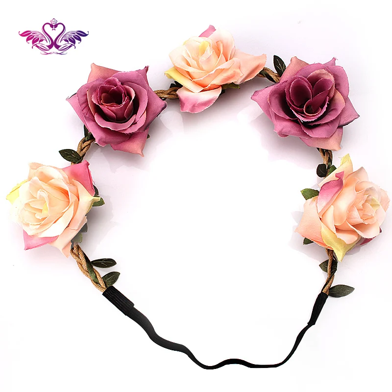 

M MISM Bridal Wedding Roses Headband Summer Bohemia Flowre Hair Band Beach Head Wrap Women Hair Accessories Garland Headdress