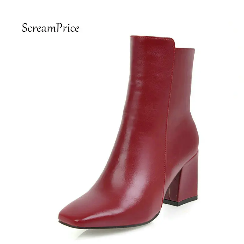 

Women Side Zipper Comfortable Square Heel Ankle Boots Fashion Square Toe Keep Warm Winter Shoes Black Red White