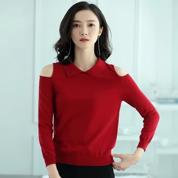 

Autumn Winter Office Lady Knitted Turn-down Collar Long Sleeve Sweater Fashion 4 Solid Color Loose Women Pullover