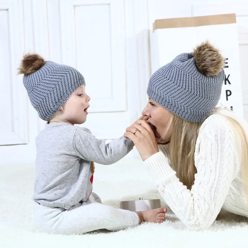 

2 Pcs Parent-child Caps Mother Baby Kid Pompon Winter Warm Knitted Hat Newborn Beanie Cap