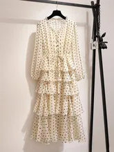 2019 New V-neck Long Sleeve Polka Dot Women Dress Layered Ruffles Cake Dress Elegant Long Dress Christmas Dress Vestidos Robe 2019 New V-neck Long Sleeve Polka Dot Women Dress Layered Ruffles Cake Dress Elegant Long Dress Christmas Dress Vestidos Robe