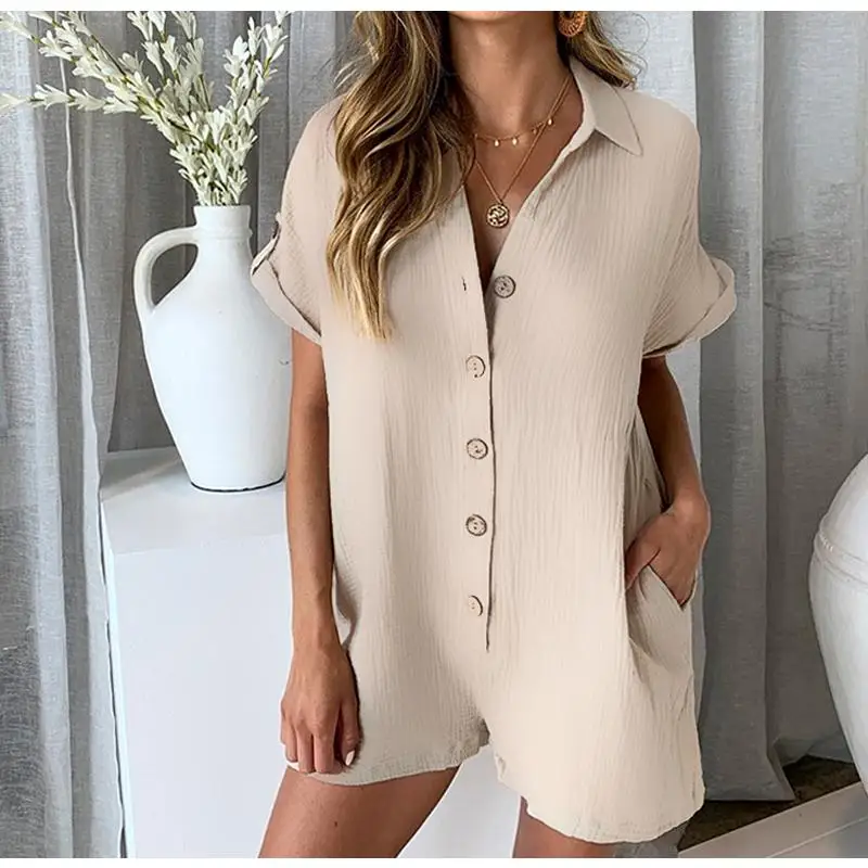 

Femajor Women Summer Loose Short Jumpsuit Female Fashion Button Short Sleeves Rompers Female Holiday Jumpsuit