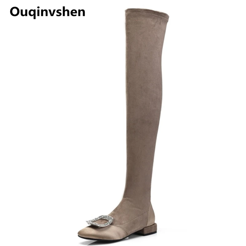 

Ouqinvshen Sexy Crystal Socks Boots Square Heels Flock Winter Spring Plush Slip-On Flat Boots For Women Fashion High Knee Boots