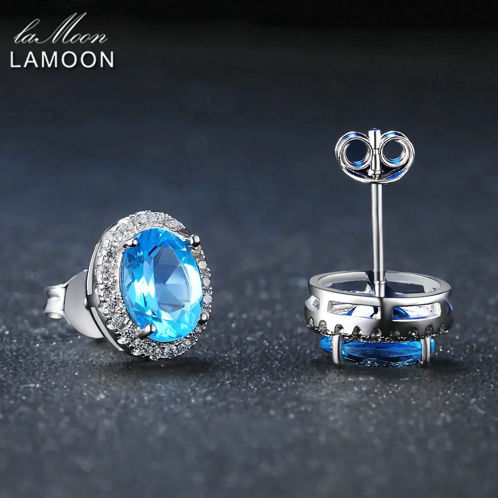 LAMOON Classic 6x8mm 100% Natural Oval Blue Topaz 925 Sterling Silver Jewelry S925 stud Earrings LMEI020