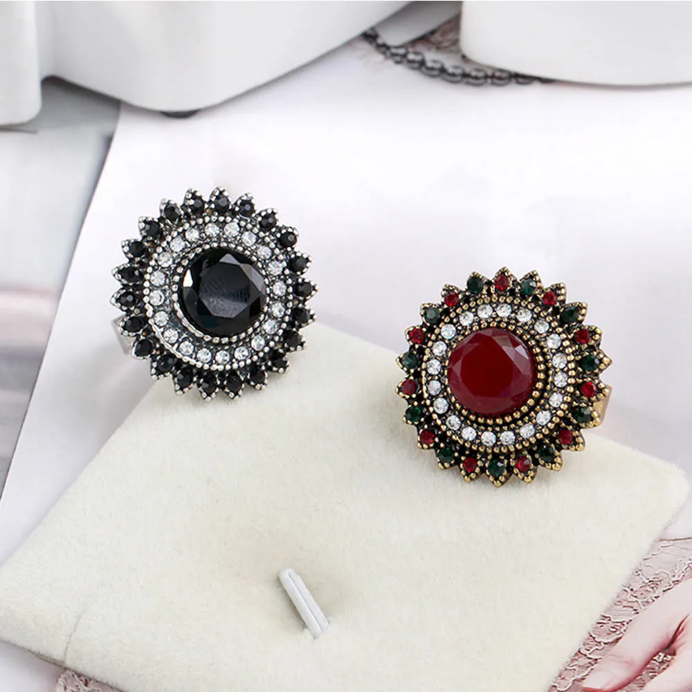 Rhinestone Flower Open Rings For Women Antique Gold Silver Color Adjustable Jewelry Green Blue Wedding Finger Ring | Украшения и