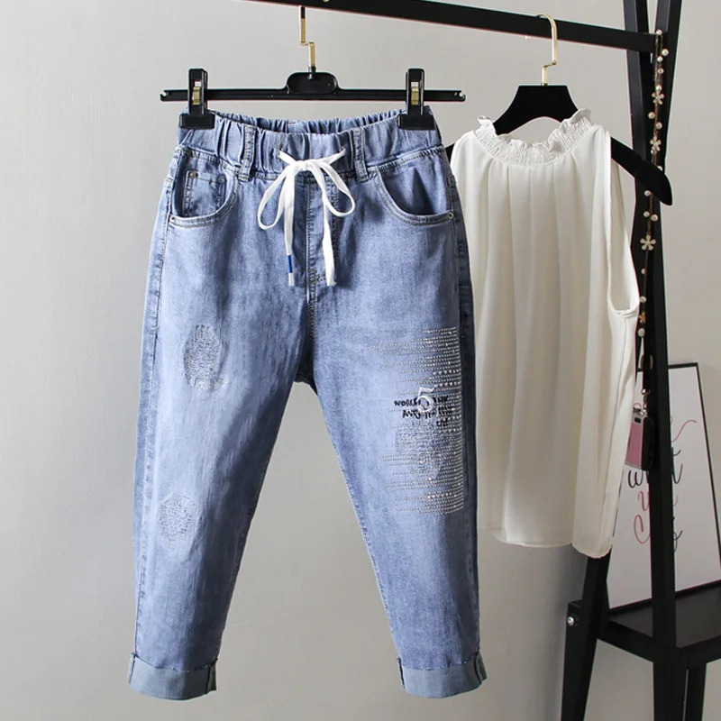 

Summer Breeches Women Knee Length Denim Pants Ladies boyfriend Jeans Capris Elastic High Waist Big Size mom jean 4XL