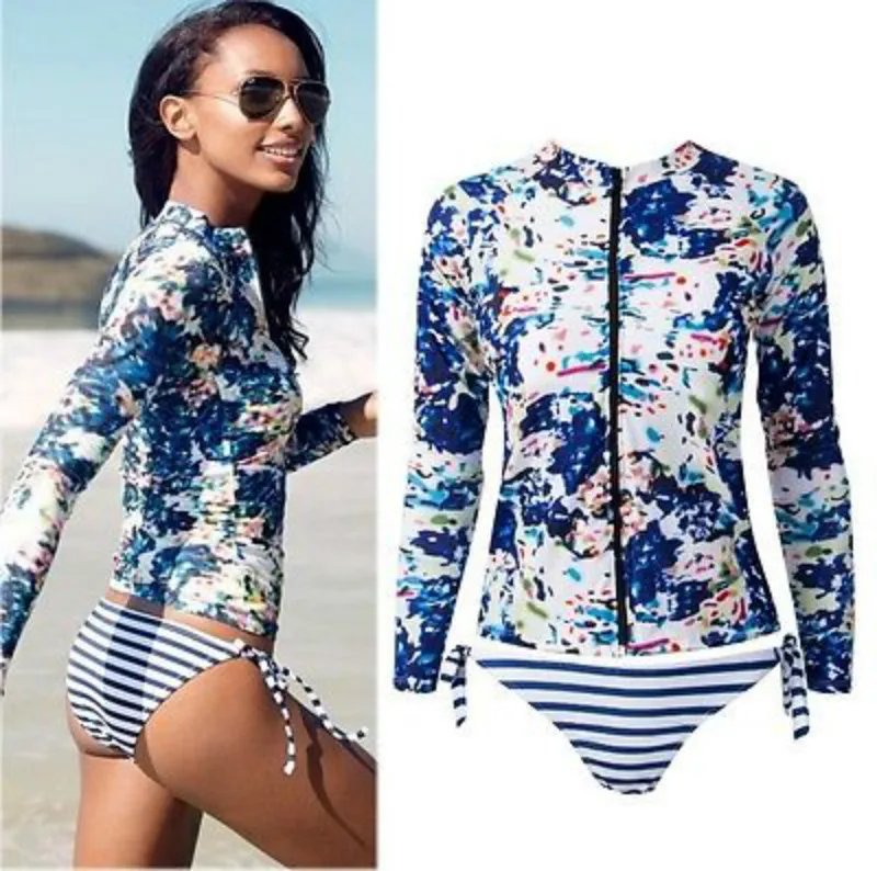 2017 NEW 2PCS Women Long Sleeve Bikini Set Surfing Suit Bandage Print Striped Swimsuit Beachwear Bathing Summer Surf | Спорт и