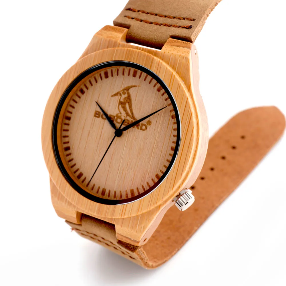 BOBO BIRD Mens Bamboo Wooden Quartz Watches Casual Sport Dress Watches with Real Leather Strap in Gift Box Customizable logo