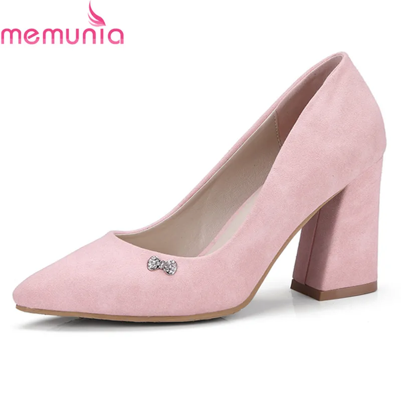 

MEMUNIA 2018 hot sale thick high heels pointed toe dress shoes fashion solid buttefly-knot women pumps big size 34-42