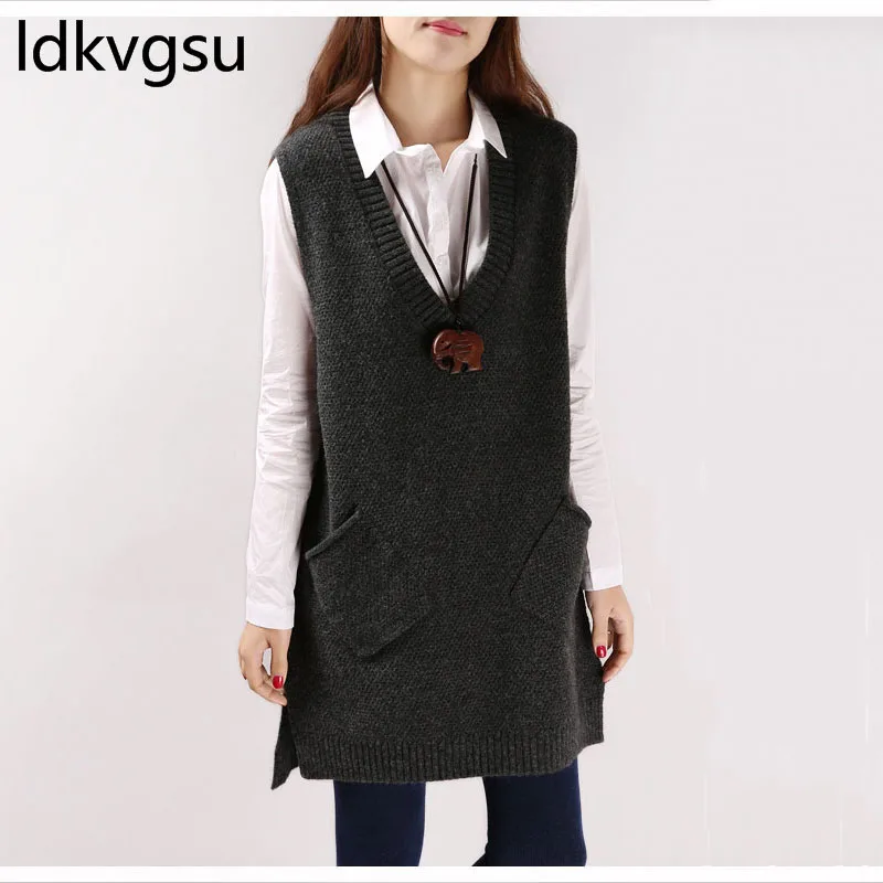 

Korean Sleeveless Knitted Vest Women 2019 Autumn Sweater V Neck Pullovers Split Casual Loose Dress Female Waistcoat Tops f075