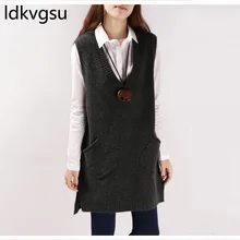 Chaleco tejido sin mangas coreano mujeres 2019 otoño suéter cuello V pulóveres Split Casual suelto vestido femenino chaleco Tops f075(China)