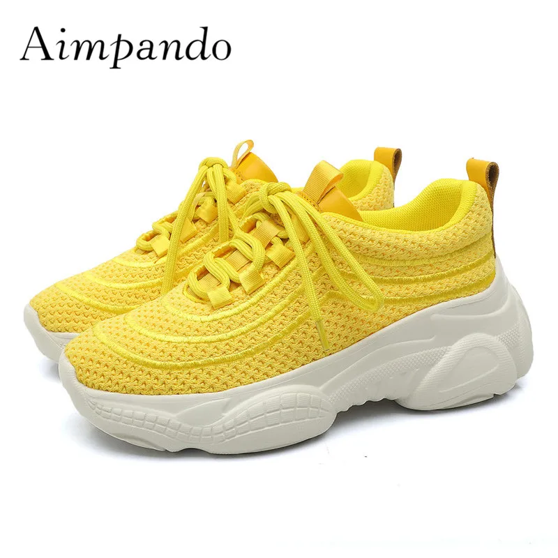 

2019 Mesh Breathable Platform Sneakers Woman Round Toe White Black Yellow Purple Fashion Casual Shoes