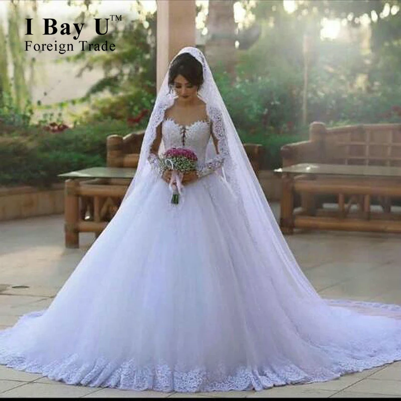 font b Hijab b font Girl Wedding Dresses Sheer Lace Appliques Wedding Gowns Stunning New