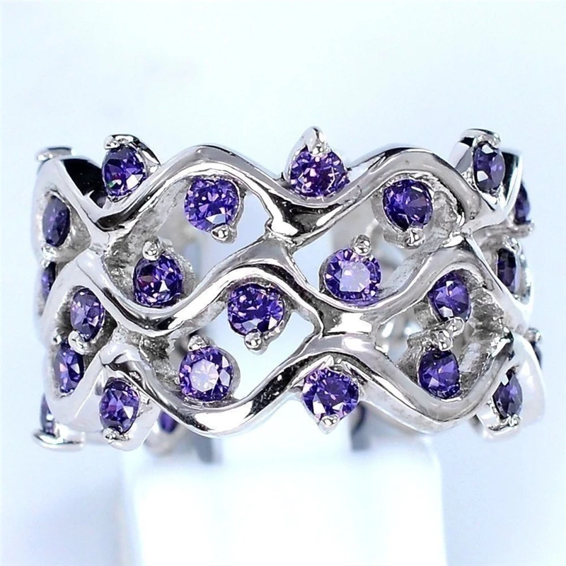 

Fashion Purple CZ Stone Ring Silver Hollow Wave Shape Vine Design Big Rings For Women Engagement Jewelry Party Gift L5K773