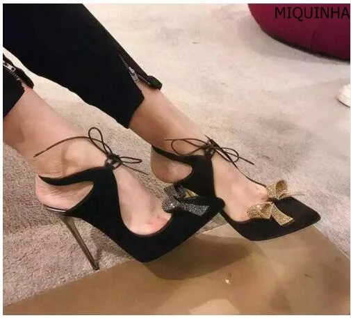 

Hot Selling Sexy Pointed Toe Woman Pumps Bling Butterfly-knot Decor Super High Thin Heels Slingback Lace Up Shoes Gladiator Pump